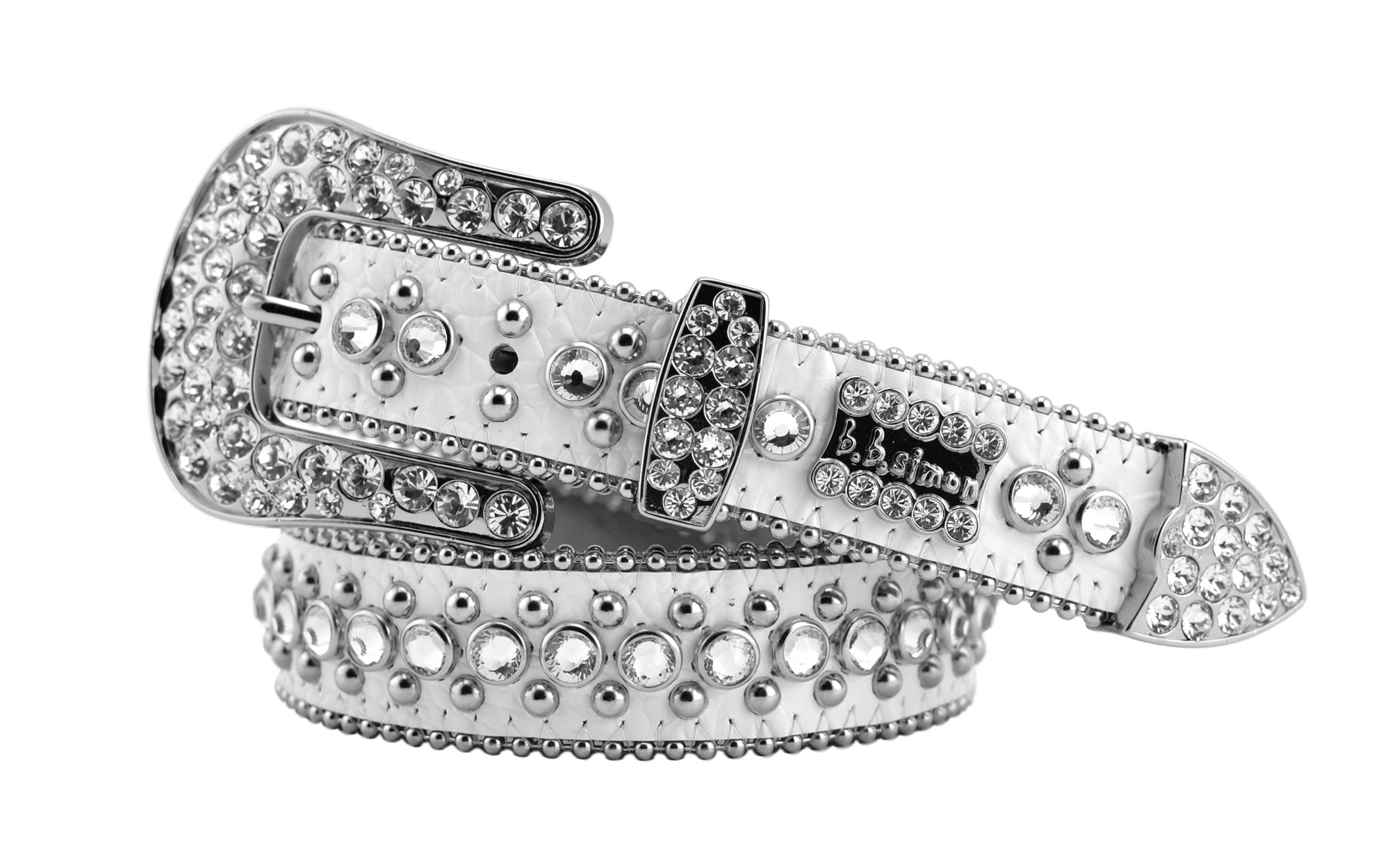 Womens and teens b.b. simon white kish s belt with clear ice crystals and silver finish