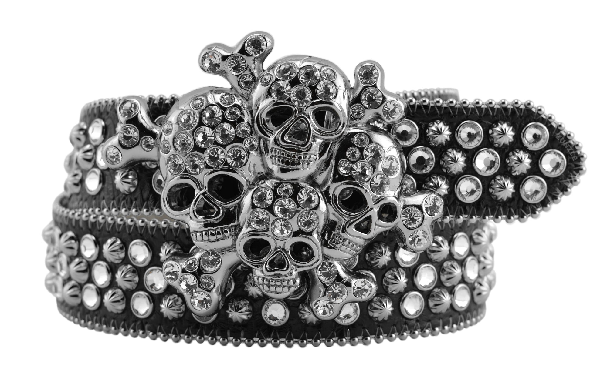Mens b.b. simon black bakoo bakoo skull belt with clear ice crystals and silver finish