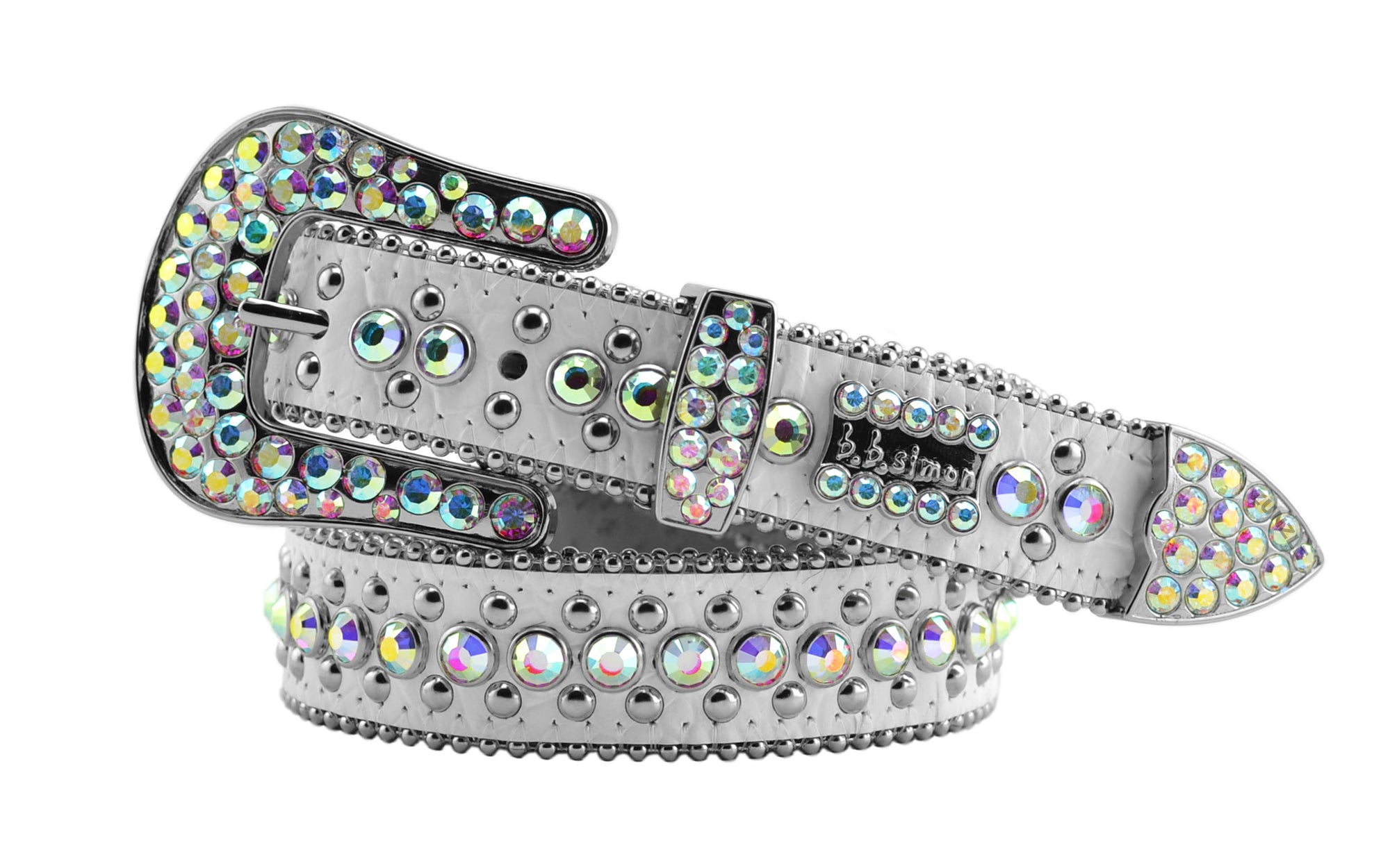 Womens and teens b.b. simon white kish s belt with aurora borealis crystals and silver finish