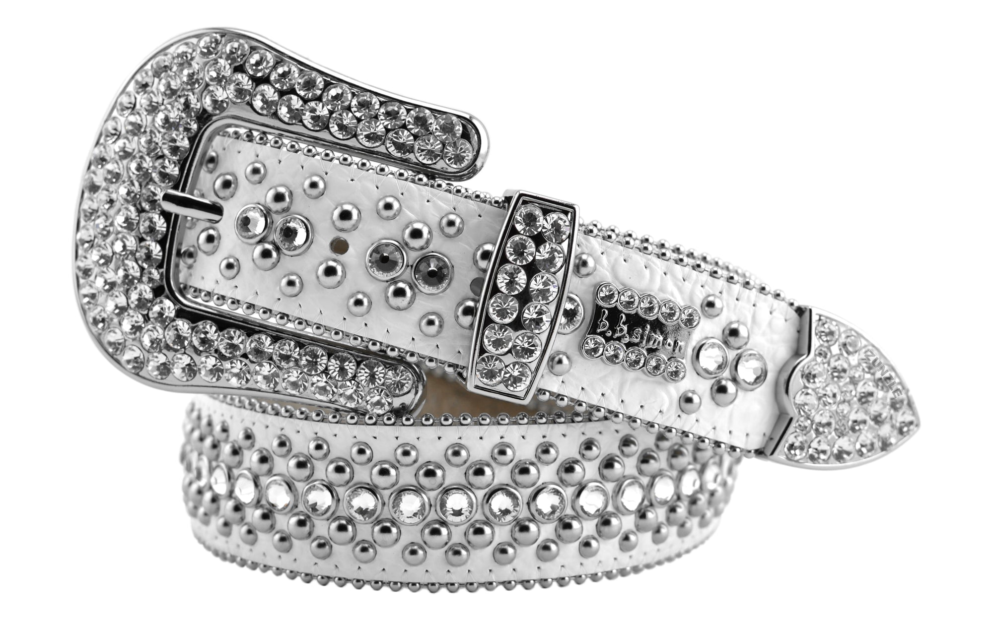 Mens b.b. simon white kish belt with clear ice crystals and silver finish
