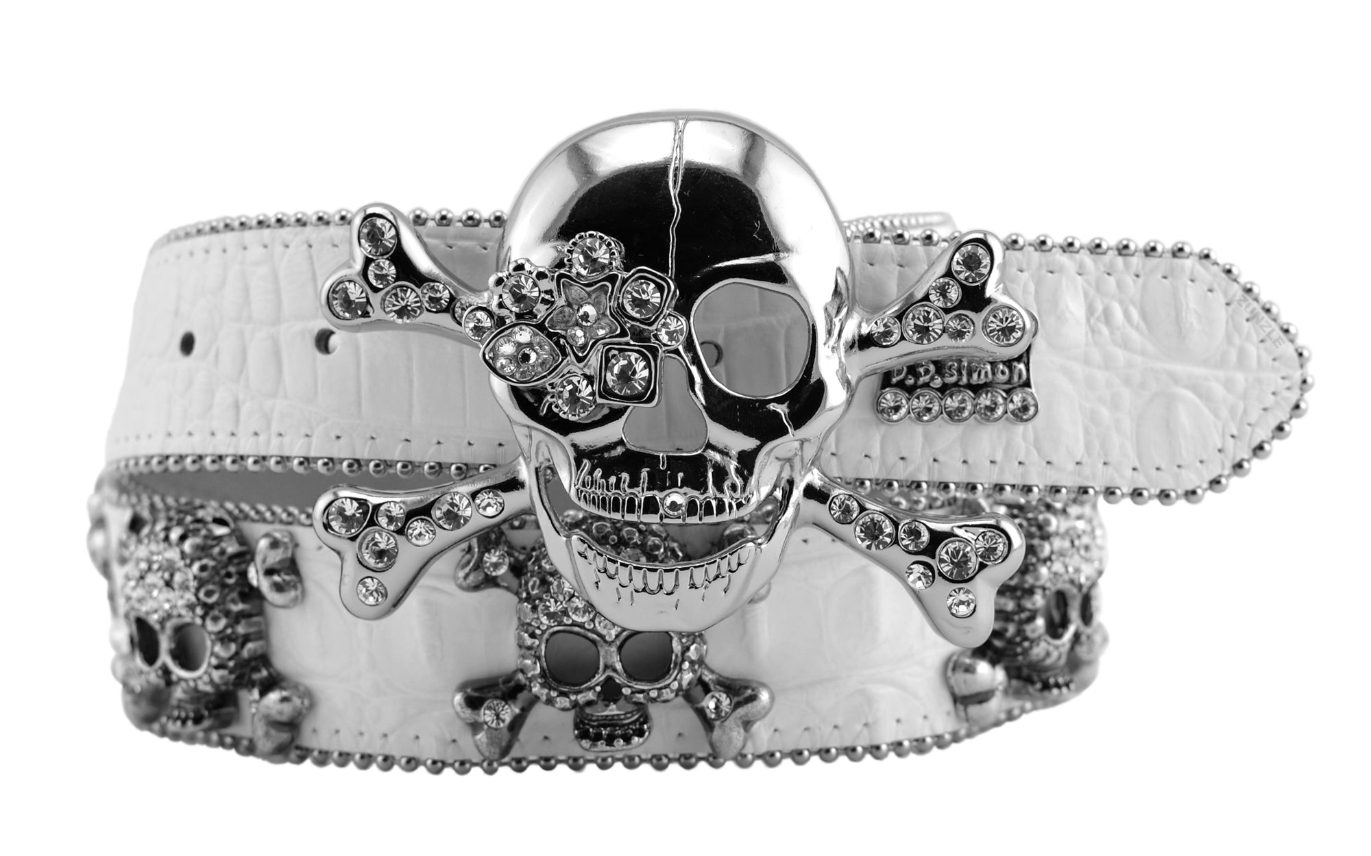 Mens b.b. simon white the murder max skull belt with clear ice crystals and silver finish