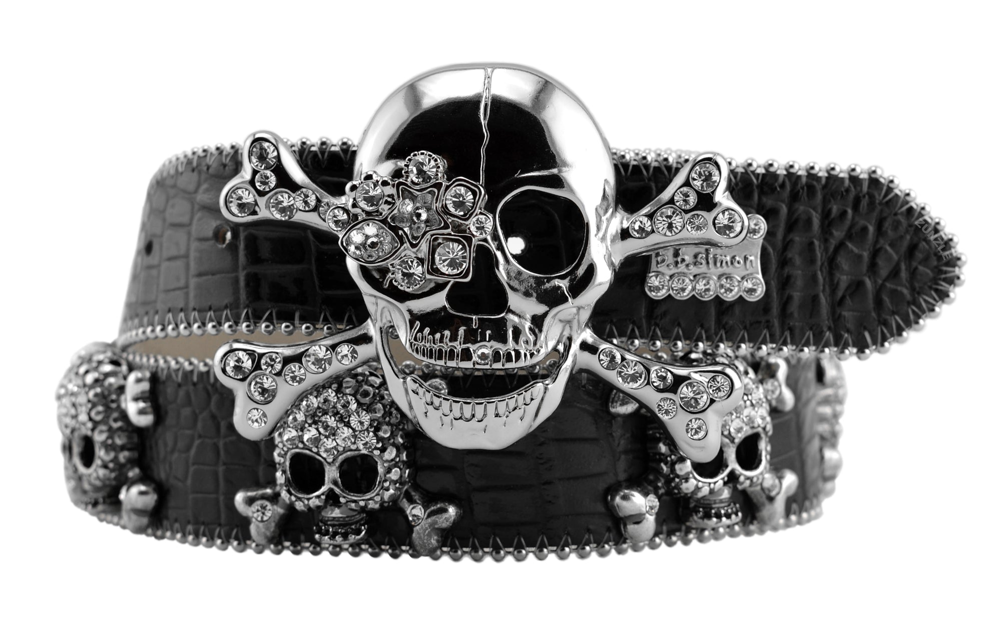 Mens b.b. simon black the murder max skull belt with clear ice crystals and silver finish