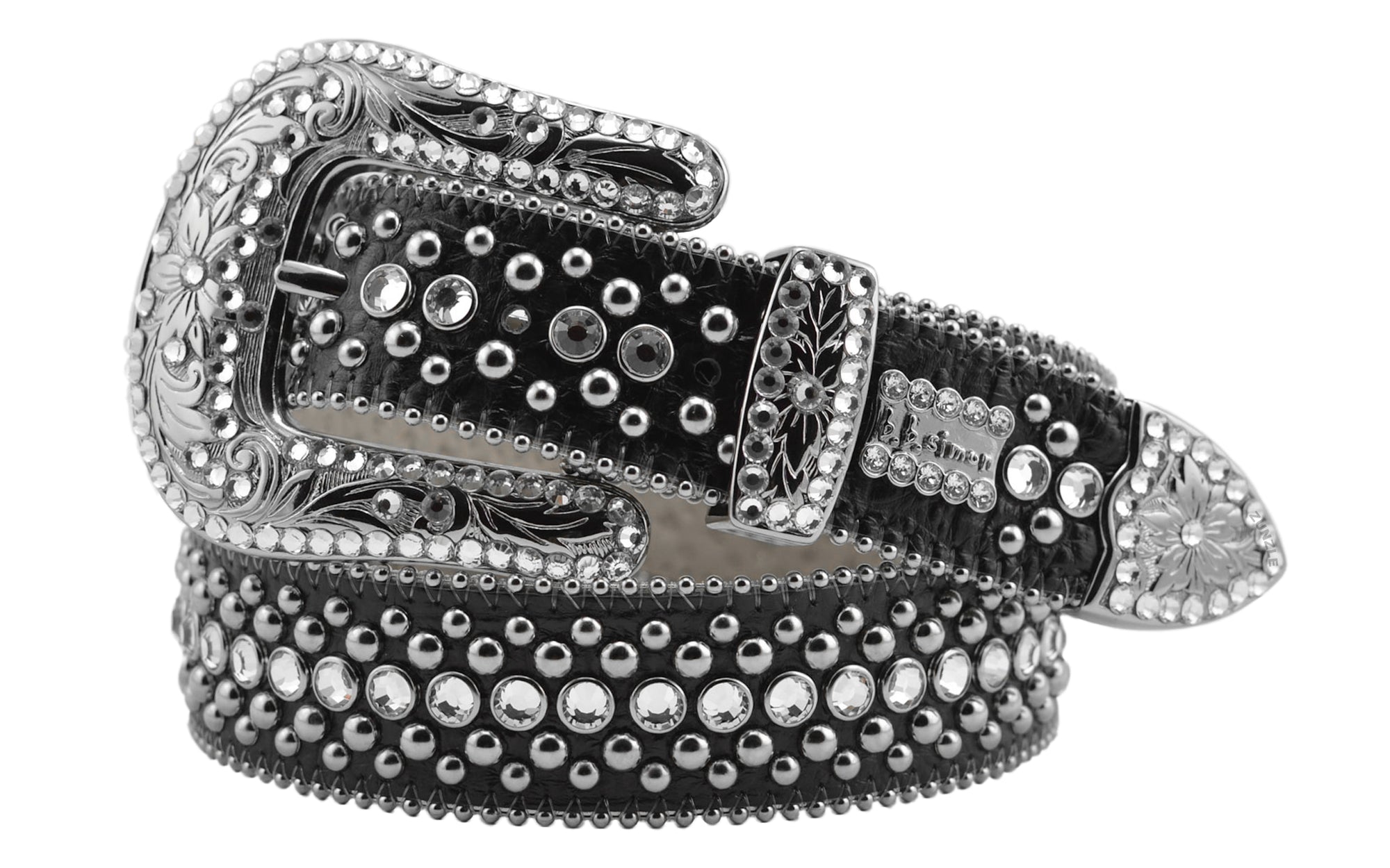 Mens b.b. simon black veronica belt with clear ice crystals and silver finish