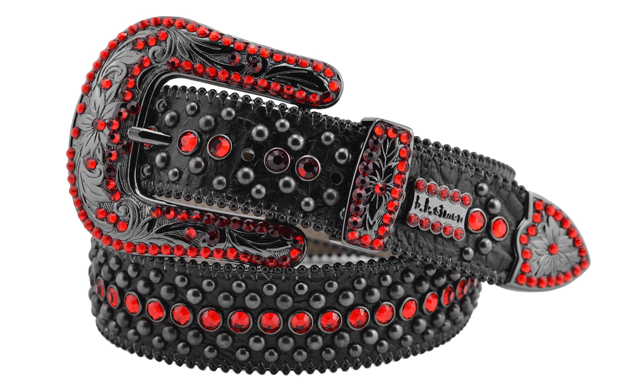 Mens b.b. simon black veronica belt with red light siam crystals and black finish