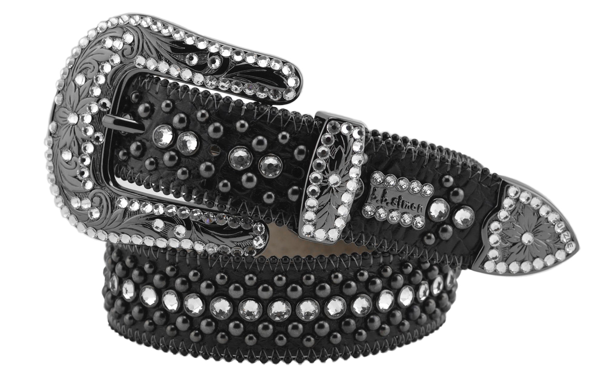 Mens b.b. simon black veronica belt with clear ice crystals and black finish