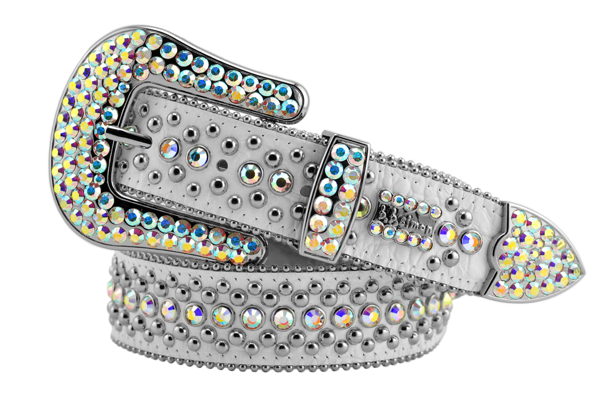 Mens b.b. simon white kish belt with aurora borealis crystals and silver finish