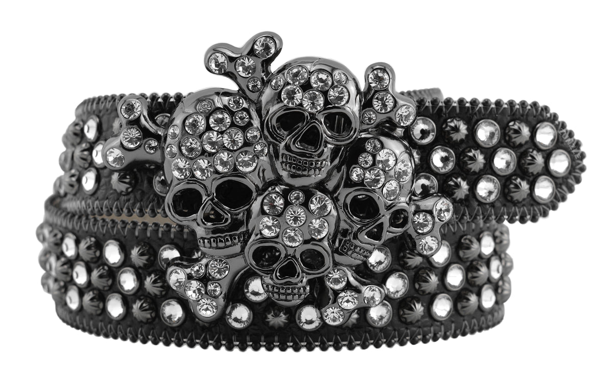 Mens b.b. simon black bakoo bakoo skull belt with clear ice crystals and black finish
