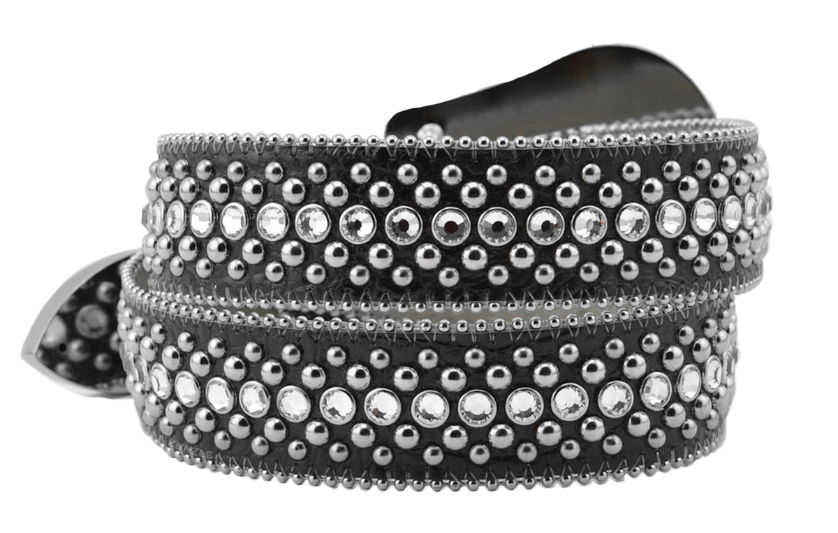 Mens b.b. simon black kish belt with clear ice crystals and silver finish