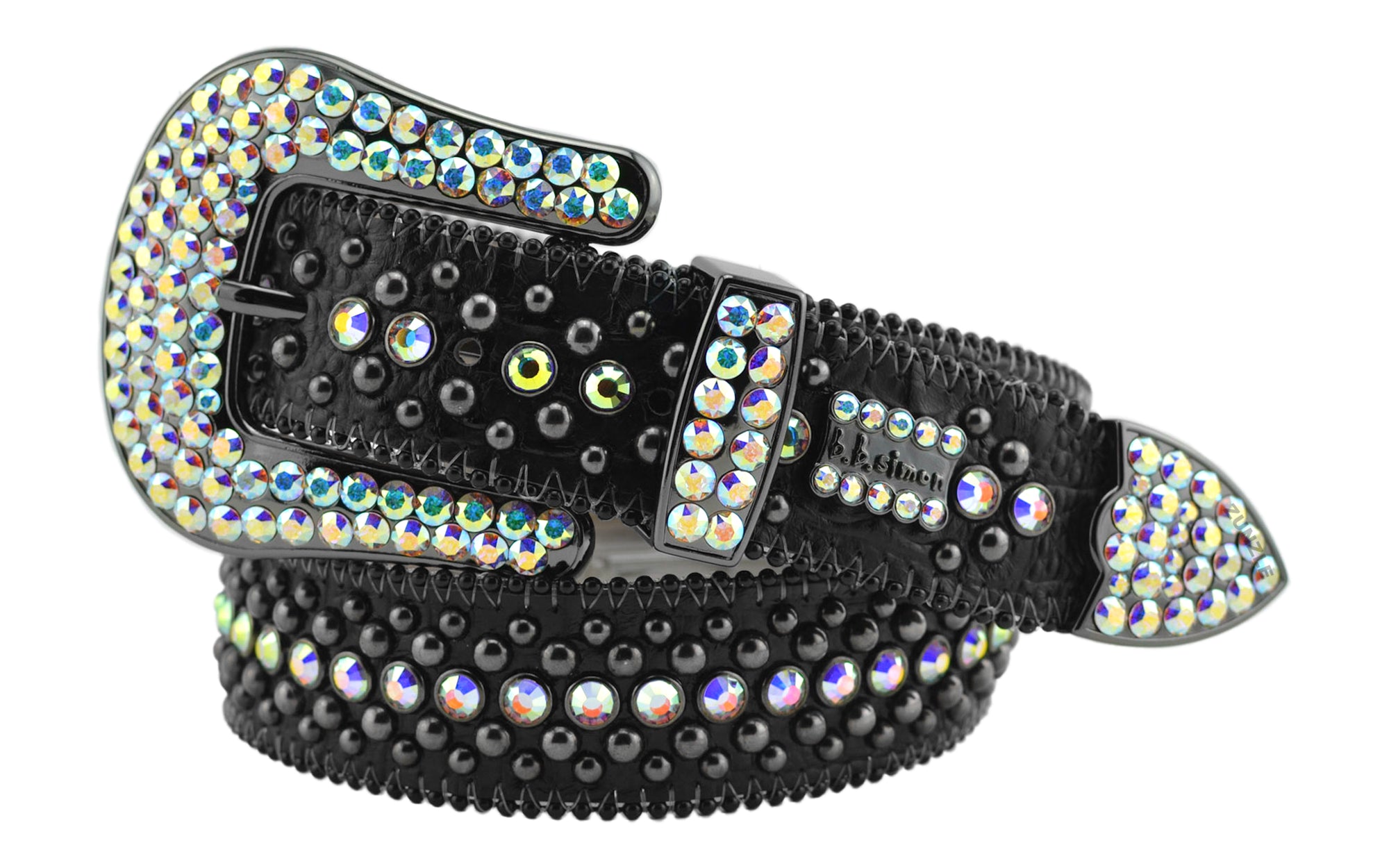 Mens b.b. simon black kish belt with aurora borealis crystals and black finish