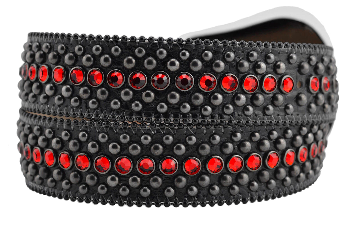 Mens b.b. simon black veronica belt with red light siam crystals and black finish
