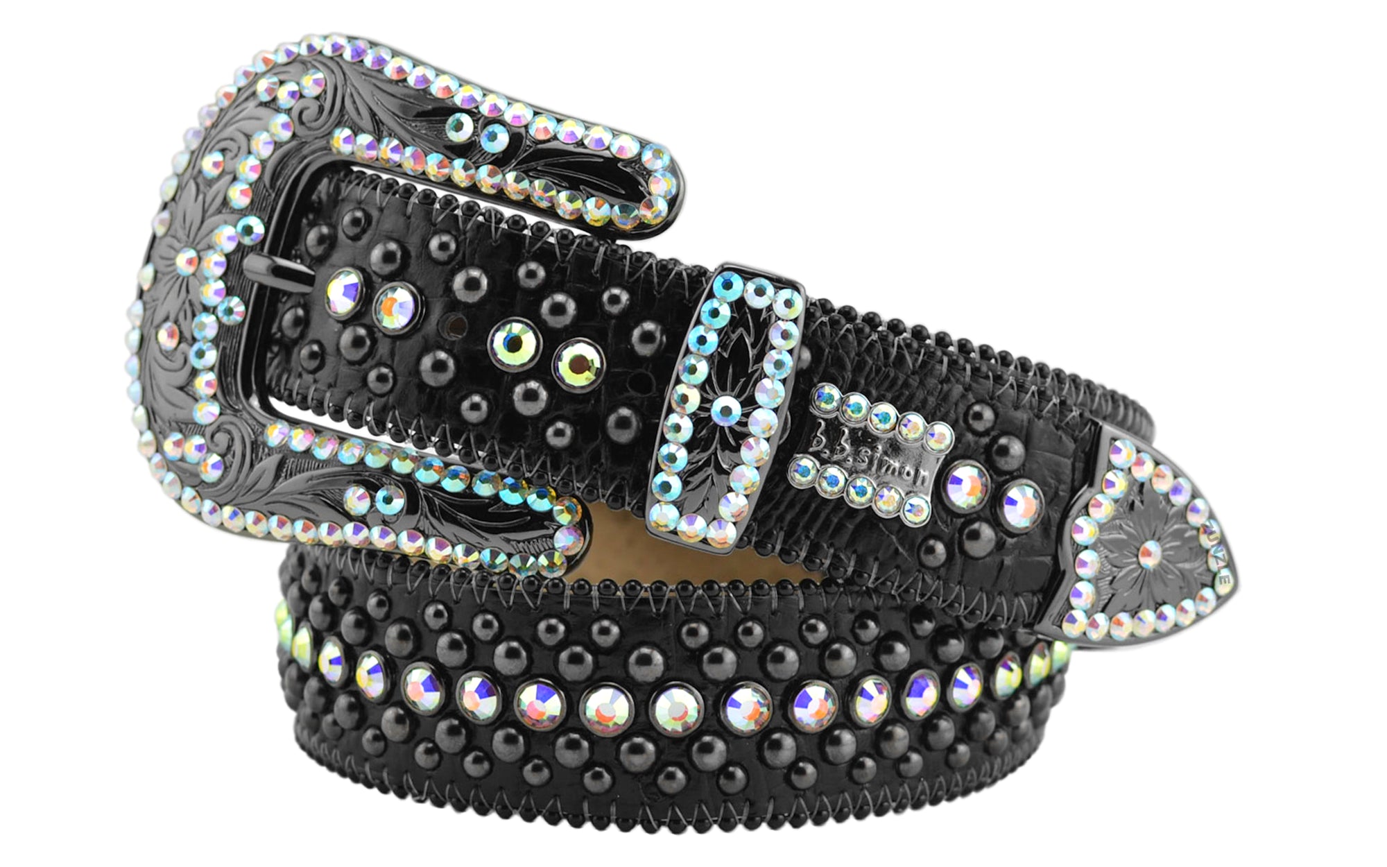 Mens b.b. simon black veronica belt with aurora borealis crystals and black finish