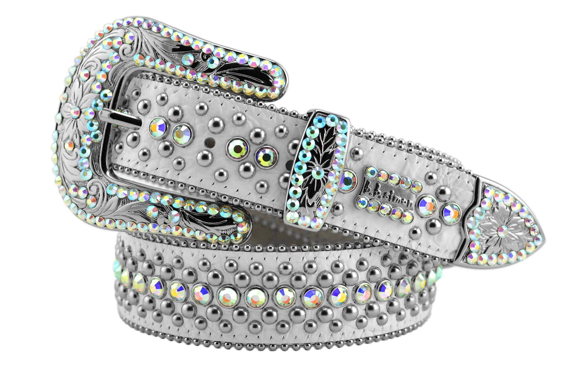 Mens b.b. simon white veronica belt with aurora borealis crystals and silver finish